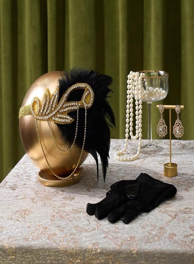 Tongcloud 1920s Flapper Feather Headband with Rhinestones Beaded Great Gatsby Headpiece for Women Showgirl Halloween Cosplay Party (Gold, Medium) - Image 2